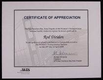 Certificate of Appreciation from WTS San Francisco Bay Area Chapter