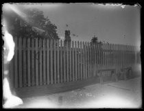 Dog looking over a picket fence, with woodpile and sawhorses