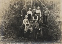 "All on a Large Redwood Stump. Holds the entire party of Boulder Creek Camp"