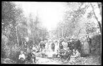 Group portrait of gatherinr in the woods