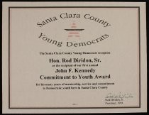 Santa Clara County Young Democrats certificate of recognition