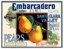 Embarcadero Brand, Santa Clara Valley Pears fruit crate label