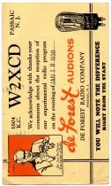 Radio call card from W2XCD advertising De Forest Radio Company Audions