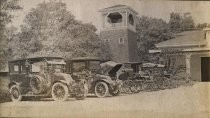 Automobiles parked at Sarah Winchester house