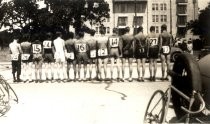 Group portrait of bicycle racers, San Jose Bicycle Day