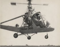 Ralph M. Heintz, in Hiller 360 helicopter, ca 1948-49