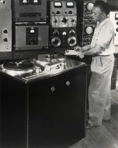 Harold Lindsay with First Ampex Tape Recorder, Model 200, 1948