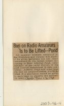 Ban on Radio Amateurs Is to Be Lifted--Pond