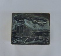 Truck on a highway in a storm printing block