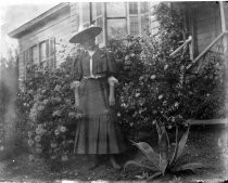 Woman wearing hat and bolero-style top with rose bushes, c. 1912