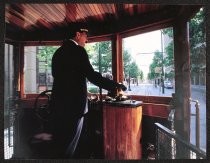 Calendar image featuring trolley conductor in downtown San Jose