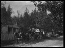 L. Perkins horse and wagon parked outside house