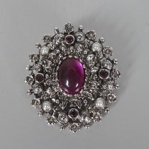 Silver brooch with purple stone and faux pearl