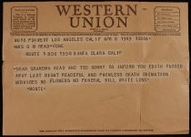 Western Union telegram regarding death of Edith