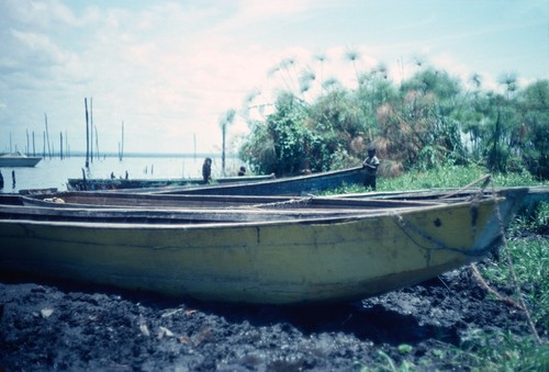 Fishing boats on shore of Lake Mweru Wantipa, Kasongole fishing camp