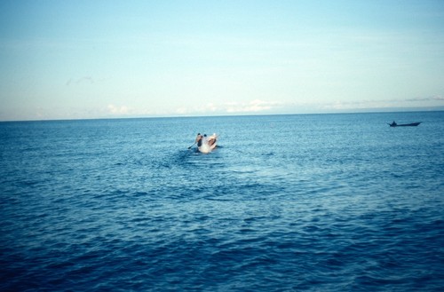 Fishermen paddling out in a dugout canoe to check their nets on Lake Mweru, Luapula Province