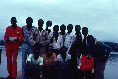 Workers from the Stanley Associates road camp pose by the ferry dock at Bulaya, on Lake Mweru Wantipa