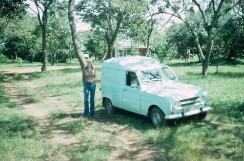 Donna Cancel next to our vehicle, a Renault 4, at the Institute for African Studies, Lusaka, Zambia