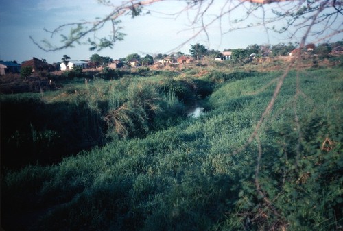 Buildings near the center of Kaputa village, from seasonally marshy area with a small stream running through it