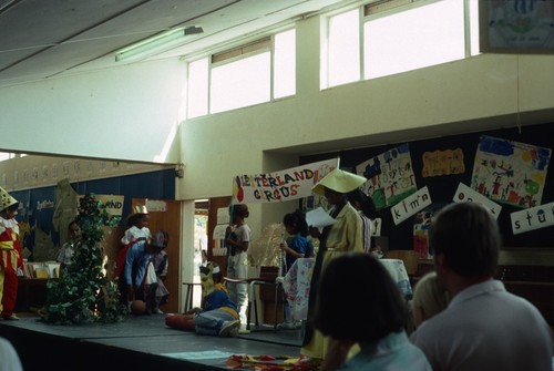 Staging of a play telling the story of the Pied Piper of Hamelin, International School of Lusaka, Zambia