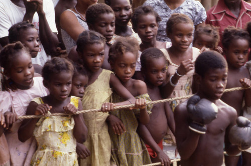 Children standing in front of boxing ring, San Basilio de Palenque, 1976