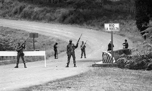 Costa Rican Civil Guard at bridge, Costa Rica, 1979