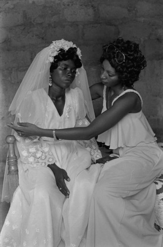 Adjusting bride's veil, San Basilio de Palenque, Colombia, 1977