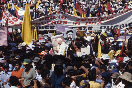 Large crowd with posters for Pope John Paul II, Managua, Nicaragua, 1983