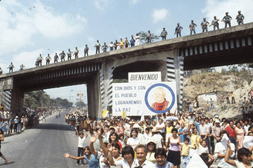 Crowd waiting for Pope John Paul II, San Salvador, El Salvador, 1983