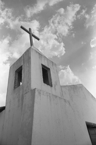 White church bell tower, San Basilio de Palenque, 1976