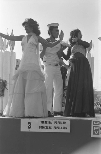 Carnival queens waving to crowds, Barranquilla, Colombia, 1977