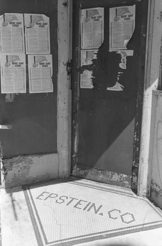 Locked door with May Day 1980 posters, Philadelphia, 1980