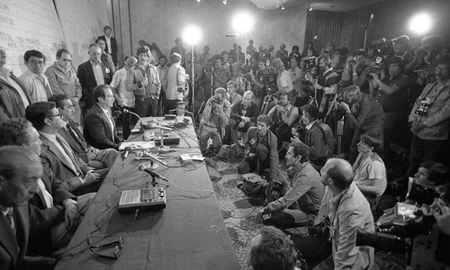 Post-election press conference denouncing voter fraud, Guatemala, 1982