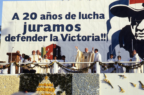 Pope John Paul II in front of a crowd, Managua, Nicaragua, 1983