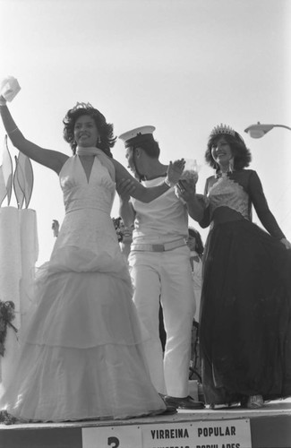 Carnival queens waving to crowds, Barranquilla, Colombia, 1977