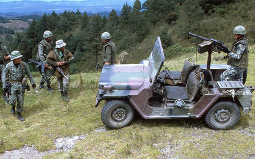 Jeep patrol on mountainous terrain, Guatemala, 1982