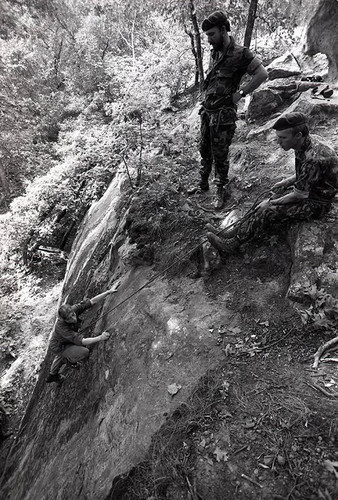 Survival school students learn to rock climb, Liberal, 1982