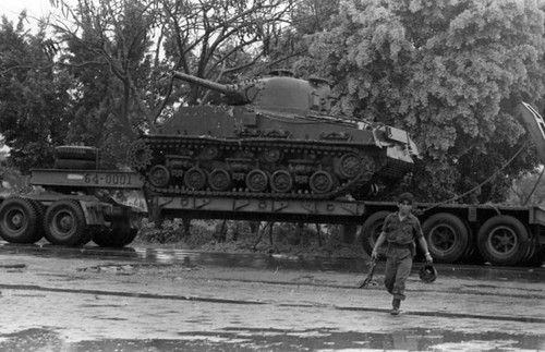 Tank on a trailer bed, Nicaragua, 1979