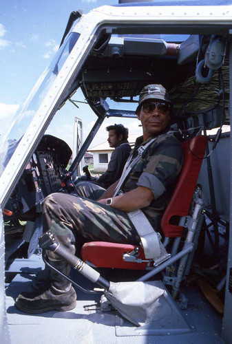 Benedicto Lucas García in a helicopter, Santa Cruz del Quiché, 1982