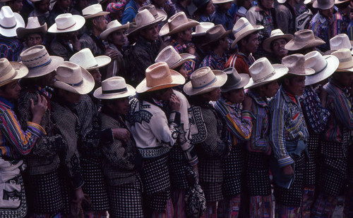 Mayan men in line to vote, Sololá, 1982