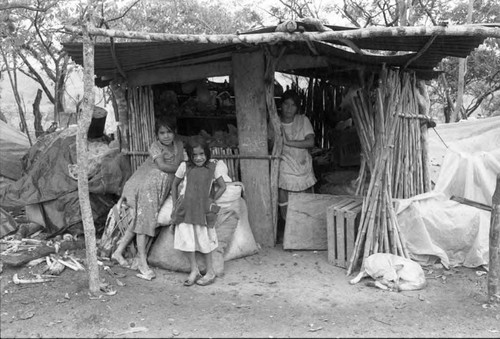 Refugee woman in a hut of logs, Chiapas, 1983