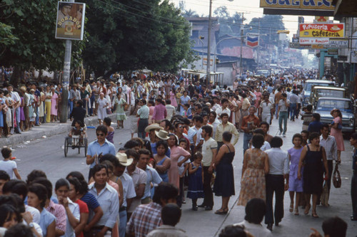 Crowd lining up at the polls to vote, Santa Tecla, El Salvador, 1982