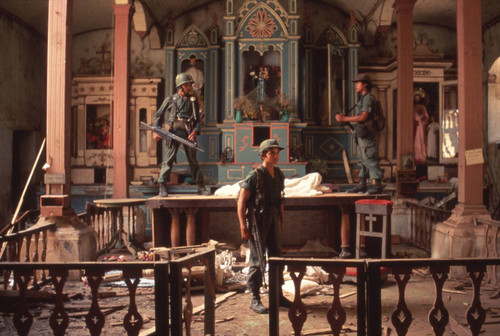 Soldiers inspecting a church, San Antonio de los Ranchos, Chalatenango, El Salvador, 1981