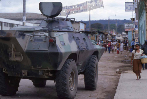 An army Cadillac Gage Commando patrols the streets of Chimaltenango, Chimaltenango, 1982