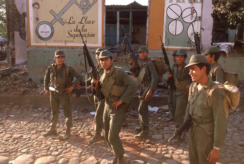 Salvadoran soldiers in reclaimed town, San Agustín, 1983