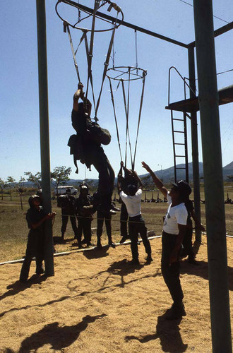 Cadets practice parachuting with supervision, Ilopango, San Salvador, 1983