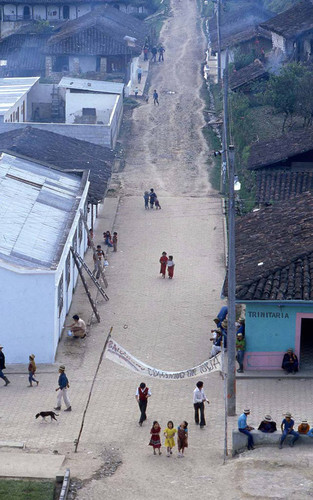 Aerial View of a street with an anti-communist banner, Chajul, 1982