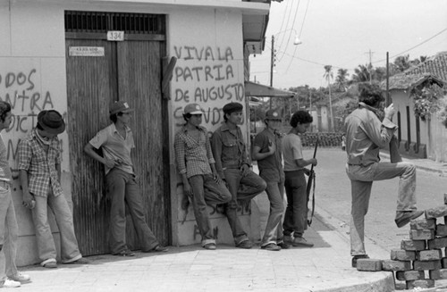 Sandinistas on street corner, Nicaragua, 1979