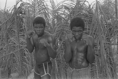 Boxers standing with fists up, San Basilio de Palenque, ca. 1978