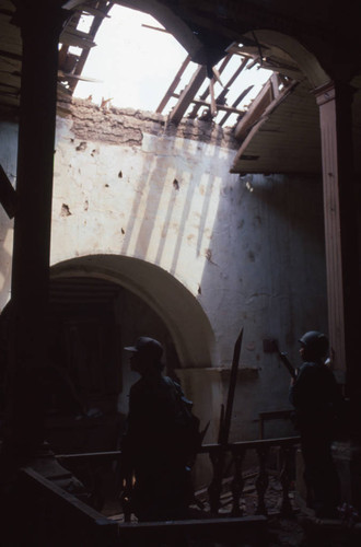 Soldiers inspecting a church, San Antonio de los Ranchos, Chalatenango, El Salvador, 1981